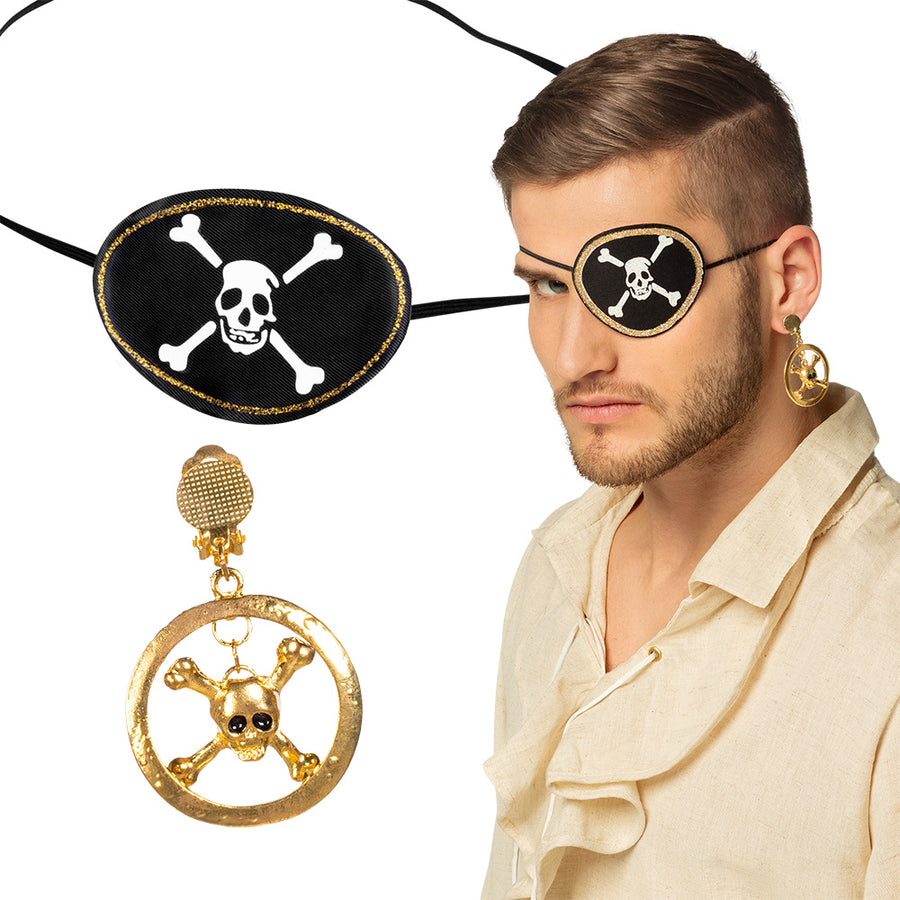Boland set Pirate skull (ooglapje en oorbel)
