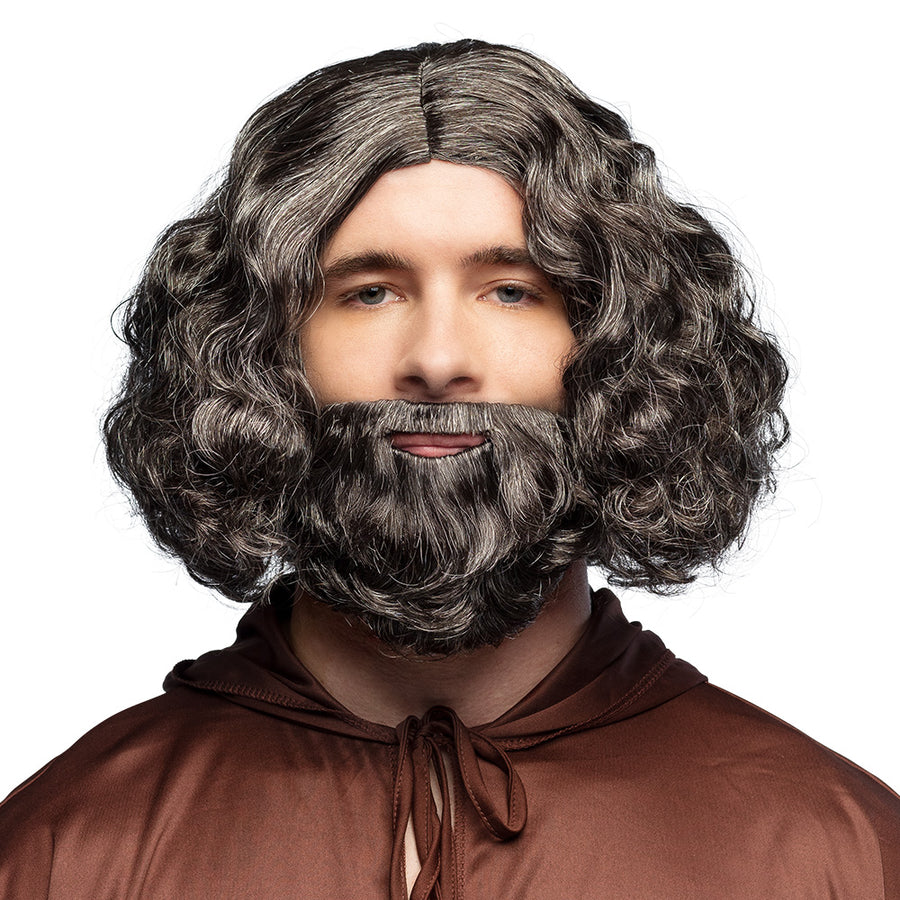 Boland pruik Joseph zwart/grijs met baard
