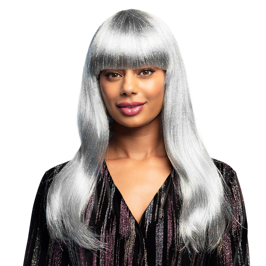 Boland pruik Grace glitter wit (zilver tinsel)