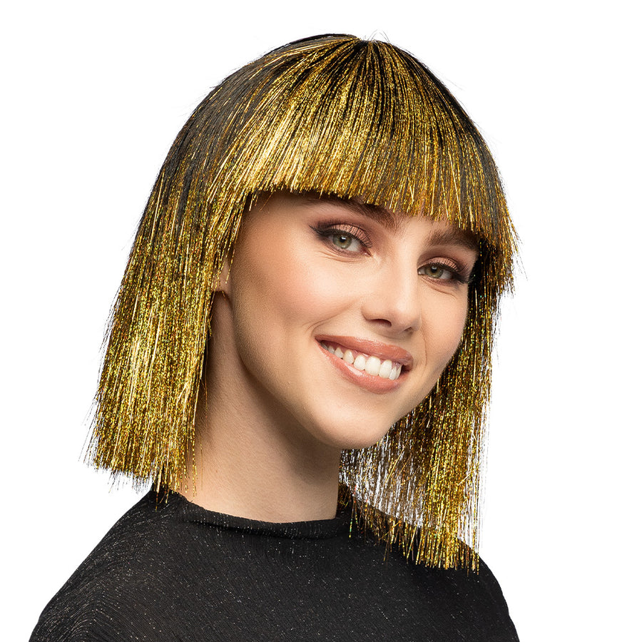 Boland pruik Crazy zwart (goud tinsel)