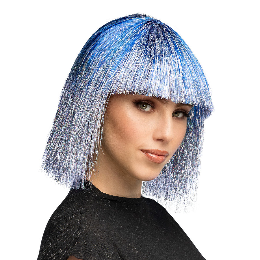 Boland pruik Crazy blauw (zilver tinsel)