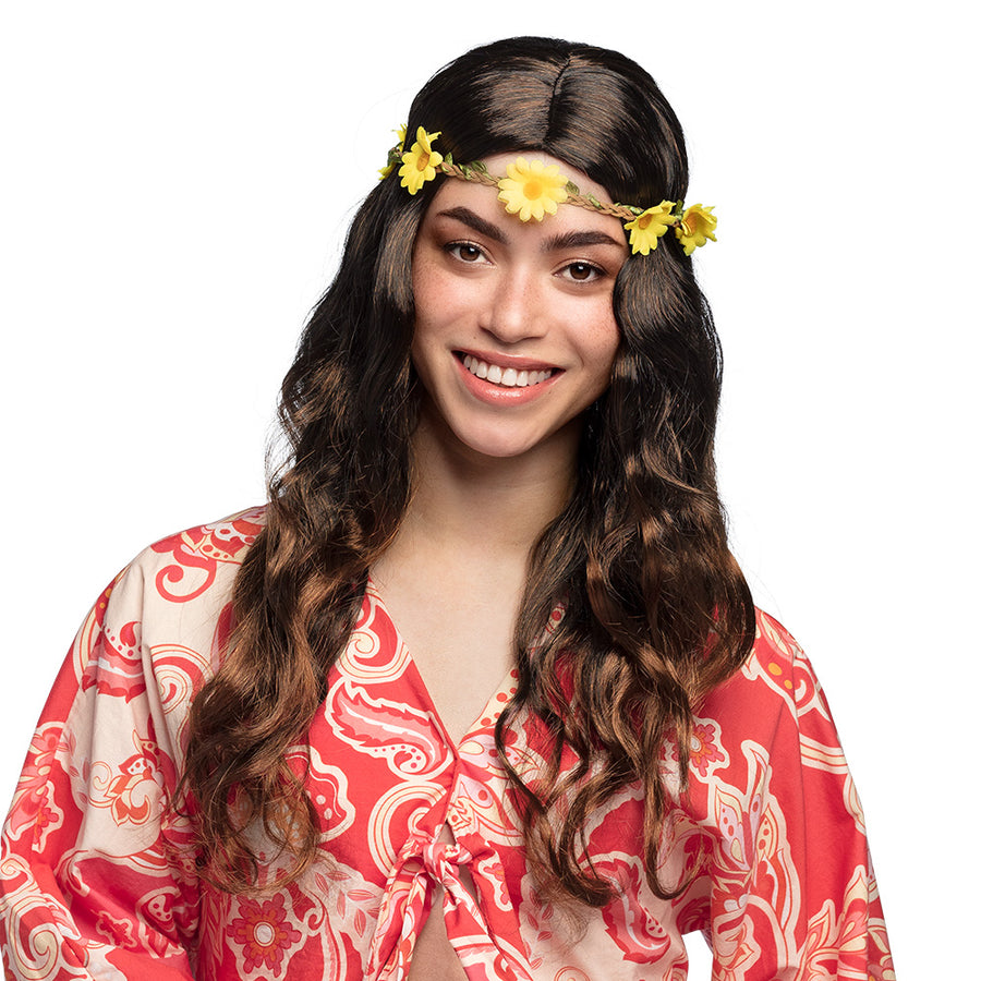 Boland pruik Joy zwart/bruin met hoofdband