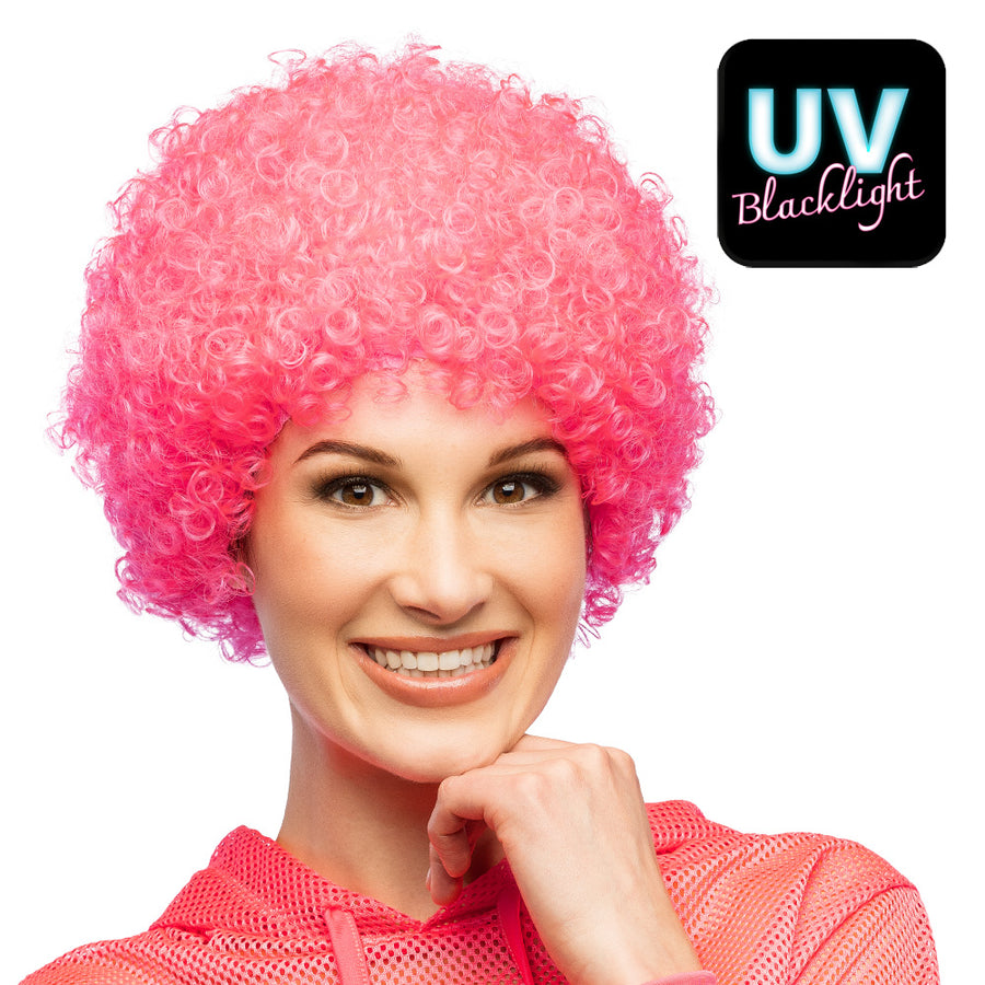 Boland pruik Curly neonroze UV