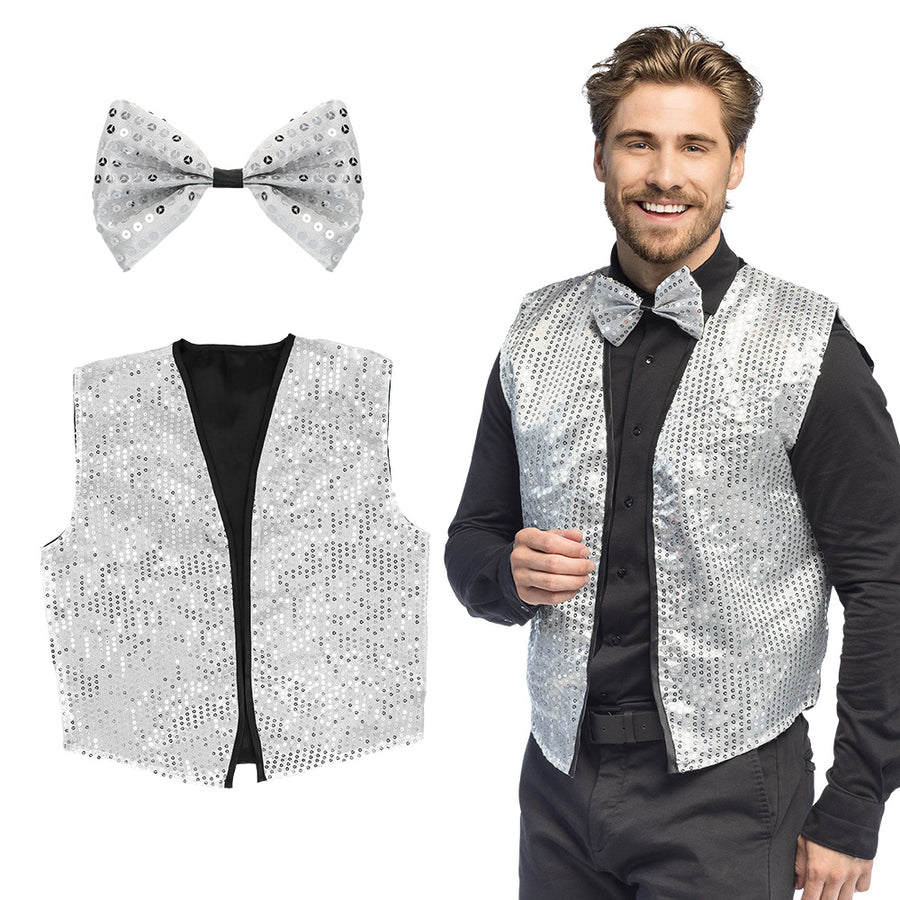 Boland set Spangles zilver (gilet M/L en vlinderstrik)
