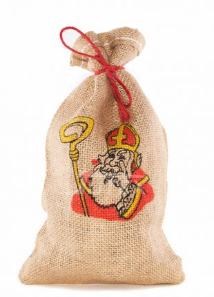 Jute handout bag Santa &amp; Black Pete - 15 x 25 cm (assorted)