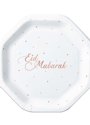 Plates - 8 pieces - 23 cm - Eid Mubarak - white / rose gold