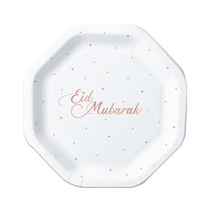 Bordjes - 8 stuks - 23 cm - Eid Mubarak - wit / roségoud