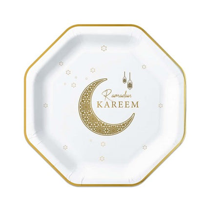 Bordjes - 8 stuks - 23 cm - Ramadan Kareem - wit / goud