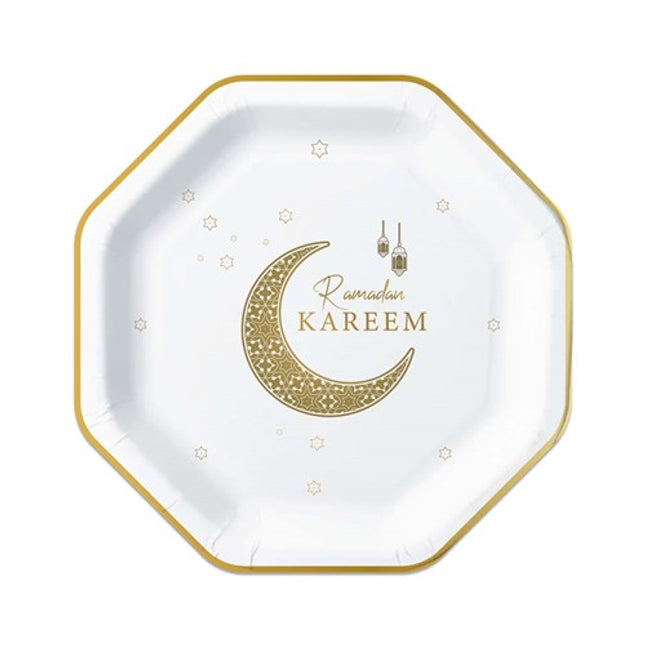 Bordjes - 8 stuks - 23 cm - Ramadan Kareem - wit / goud