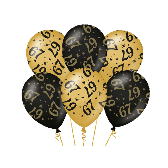 67 jaar Ballonnen - 6 stuks - 30 cm - goud en zwart - Classy