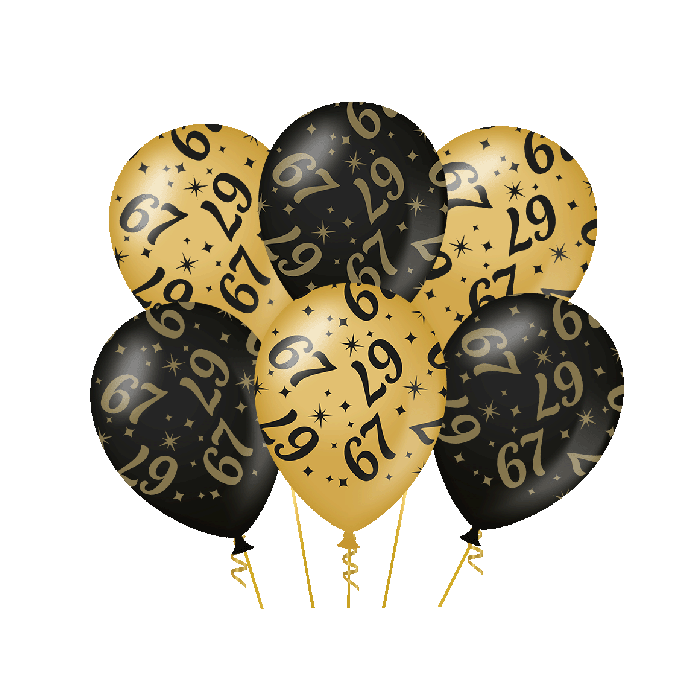67 jaar Ballonnen - 6 stuks - 30 cm - goud en zwart - Classy