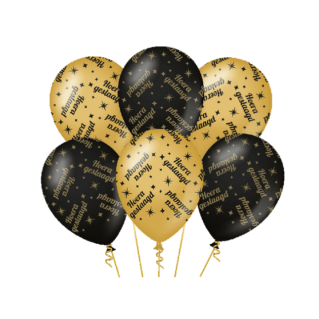 Hoera Geslaagd Ballonnen - 6 stuks - 30 cm - goud en zwart