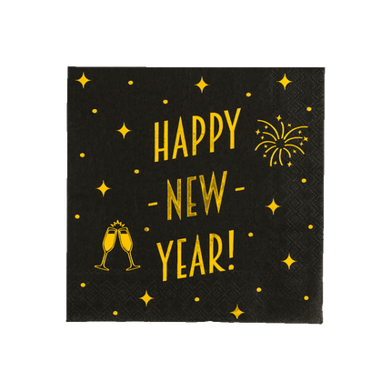 Servetten Happy New Year - 16 stuks - goud en zwart - Classy