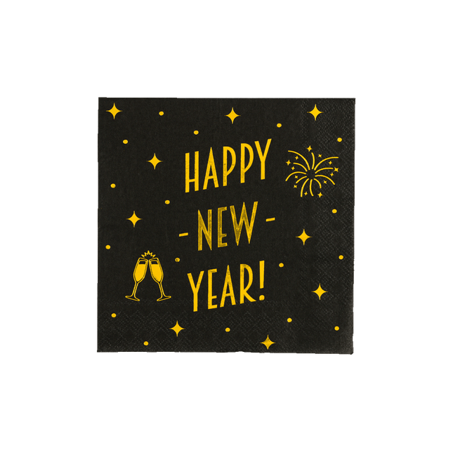 Servetten Happy New Year - 16 stuks - goud en zwart - Classy