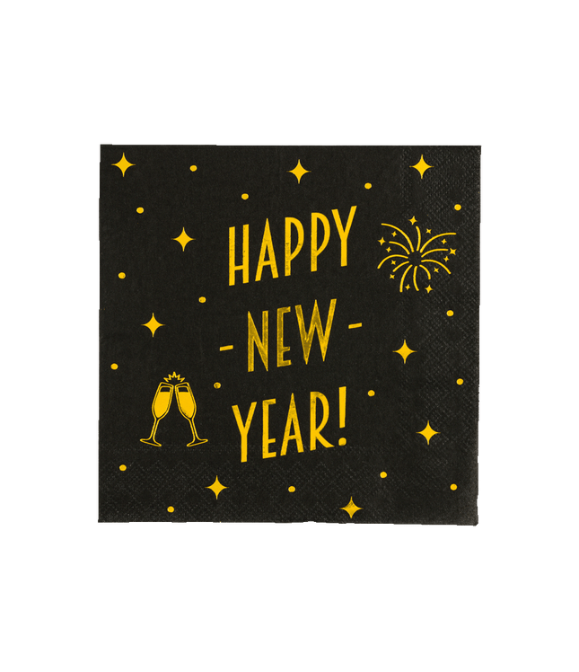 Servetten Happy New Year - 16 stuks - goud en zwart - Classy