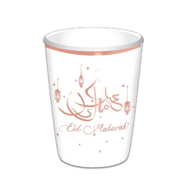 Bekers - 8 stuks - 35 cl - Eid Mubarak - wit / roségoud
