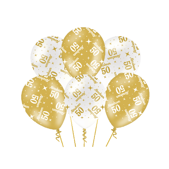 Abraham Ballonnen 50 jaar - 6 stuks - 30 cm - goud en wit