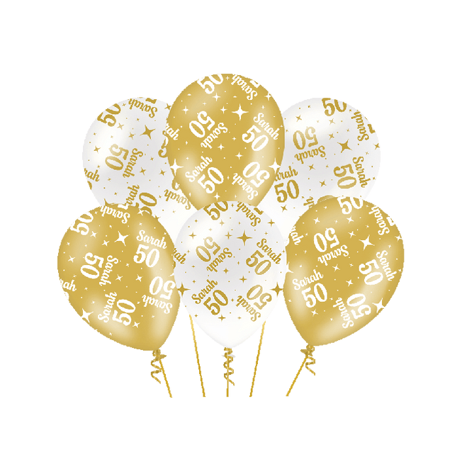 50 jaar Sarah Ballonnen - 6 stuks - 30 cm - goud en wit