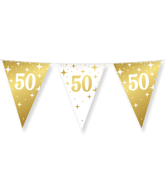 50 jaar Vlaggenlijn / slinger - 10 meter - goud en wit vlaggetjes