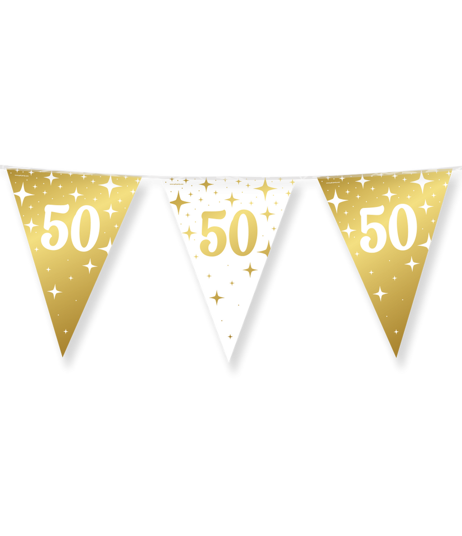 50 jaar Vlaggenlijn / slinger - 10 meter - goud en wit vlaggetjes