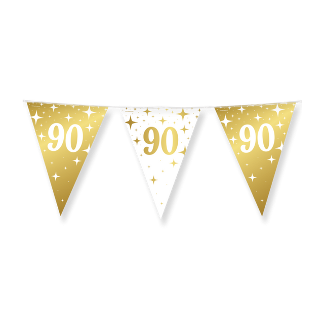 90 jaar Vlaggenlijn / slinger - 10 meter - goud en wit vlaggetjes