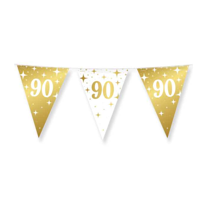 90 jaar Vlaggenlijn / slinger - 10 meter - goud en wit vlaggetjes