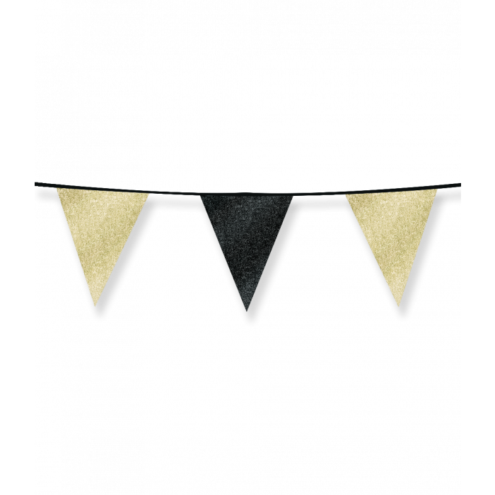 Vlaggenlijn / slinger - 6 meter - glitter goud zwart vlaggetjes