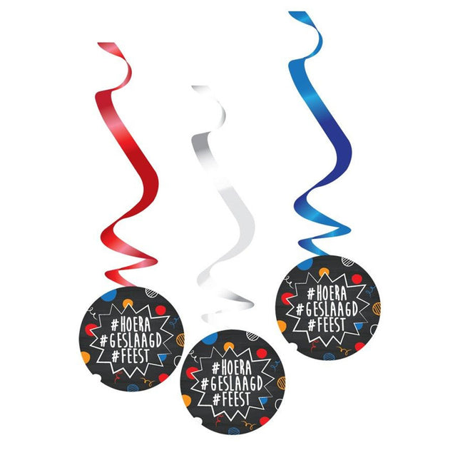 Hangdecoratie - 3 stuks - Geslaagd - oranje/rood/wit/blauw