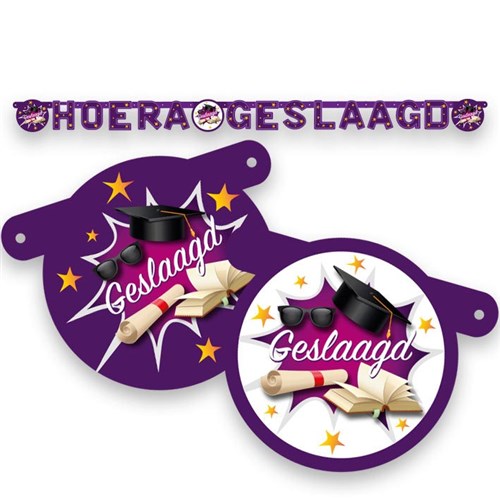 Hoera Geslaagd Letterslinger - 170 cm - paars/oranje/wit